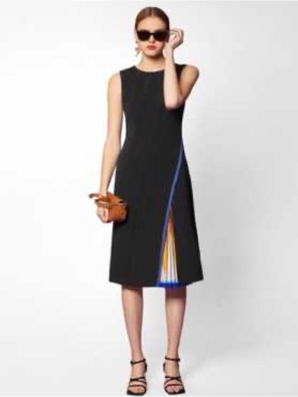 Saturday Club Sleeveless Black Midi Dress with Blue and Gold Slant Panel